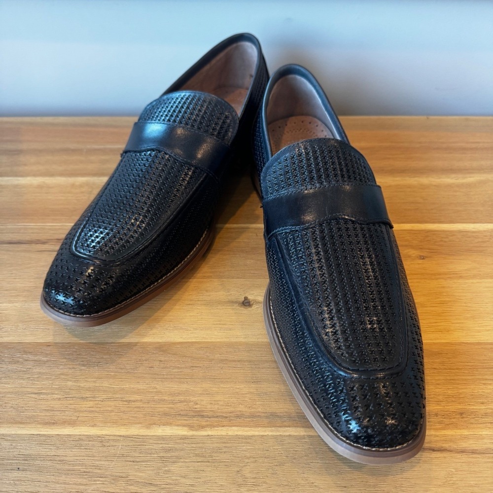 Stacy Adams Men 11M Dark Navy Blue Woven Leather Penny Loafer Memory Foam Preppy